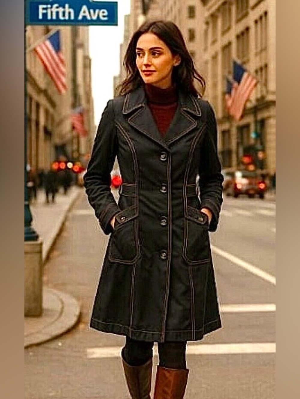GUESS Vintage Y2K Trench Coat Black w Gold Contrast Stitching M MSRP $250